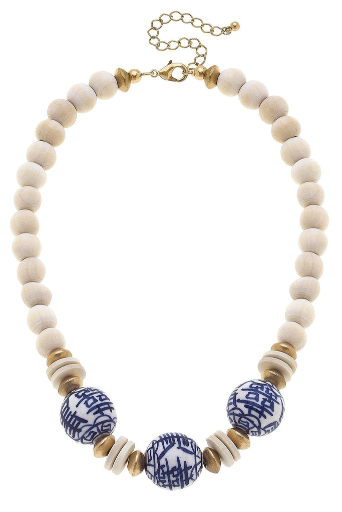 Hazel Blue & White Chinoiserie & Painted Wood Necklace in Ivory - Canvas Style