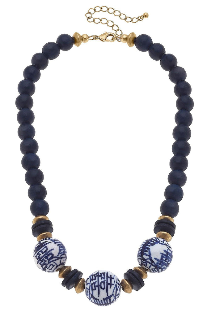 Hazel Blue & White Chinoiserie & Painted Wood Necklace in Navy - Canvas Style