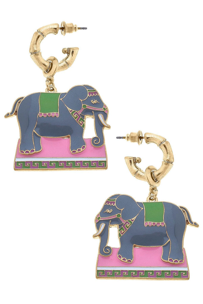 Helen Enamel Elephant Earrings in Pink & Green - Canvas Style