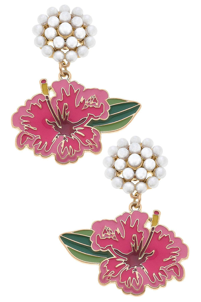 Hibiscus Enamel Pearl Cluster Enamel Earrings in Pink - Canvas Style