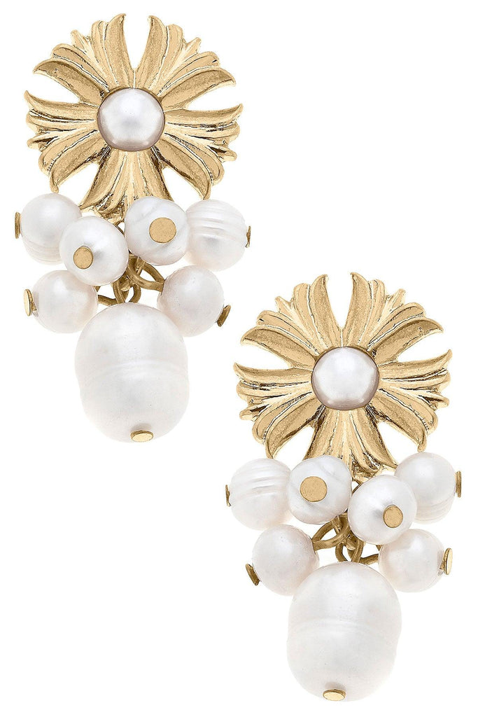 Holland Flower & Pearl Cluster Drop Earrings in Ivory - Canvas Style