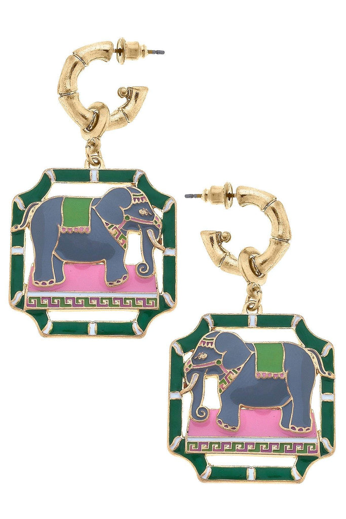 Honor Enamel Elephant & Bamboo Earrings in Green & Pink - Canvas Style