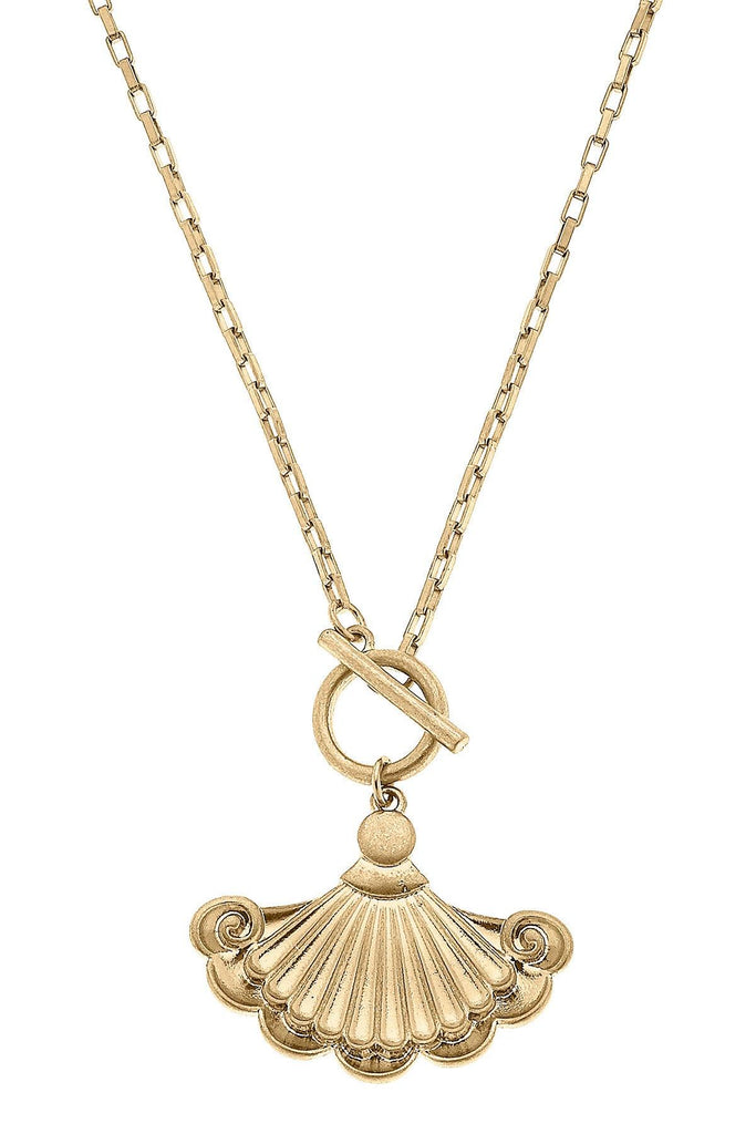 Inès French Fan Pendant T-Bar Necklace in Worn Gold - Canvas Style