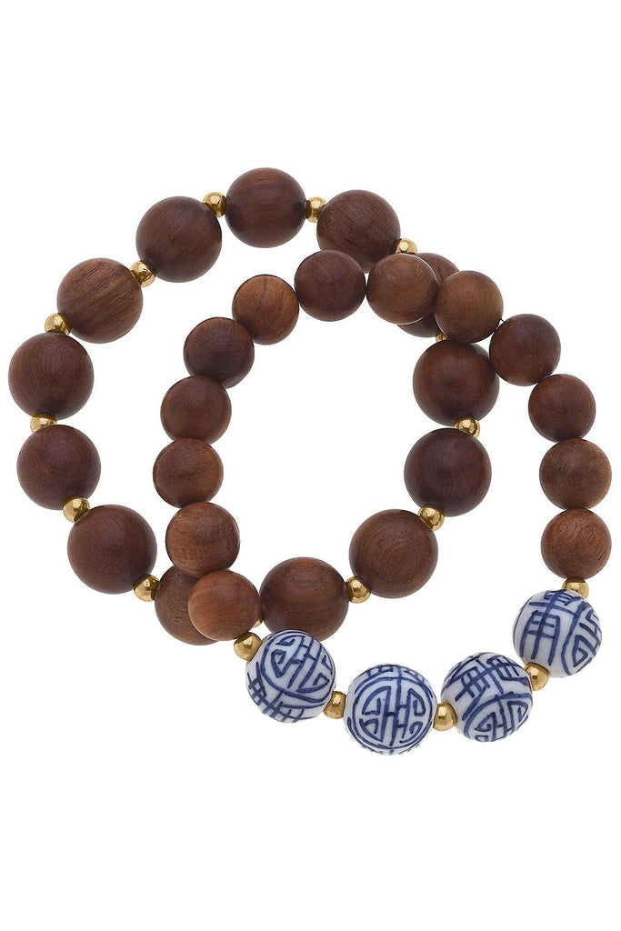Iris Blue & White Chinoiserie & Wood Stretch Bracelet Stack in Brown - Set of 2 - Canvas Style
