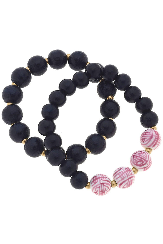 Iris Pink & White Chinoiserie & Painted Wood Stretch Bracelet Stack in Navy - Set of 2 - Canvas Style