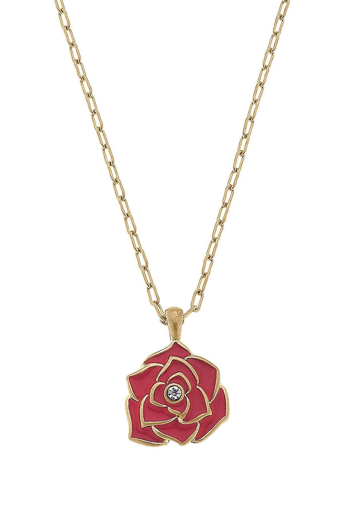 Isabella Enamel Rose Pendant Necklace in Worn Gold - Canvas Style