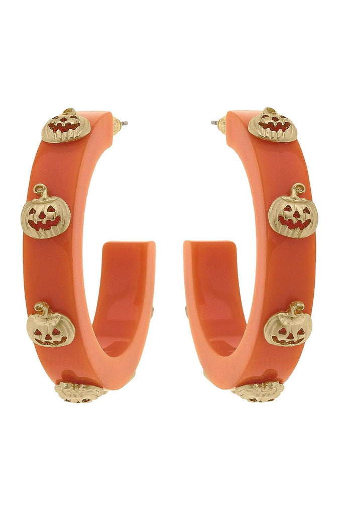 Jack-O'-Lantern Resin Hoop Earrings in Orange - Canvas Style