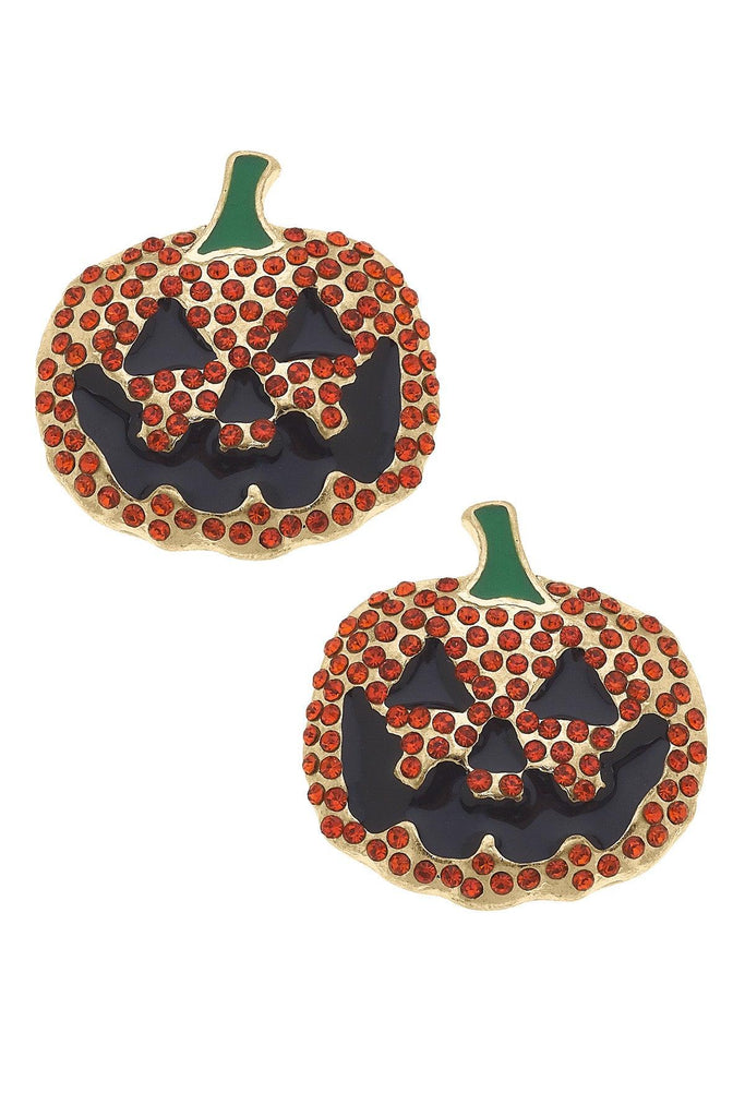 Jack-O'-Lantern Rhinestone-Studded Stud Earrings in Orange & Black - Canvas Style