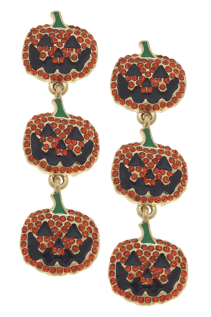 Jack-O'-Lantern Rhinestone-Studded Triple Drop Earrings in Orange & Black - Canvas Style