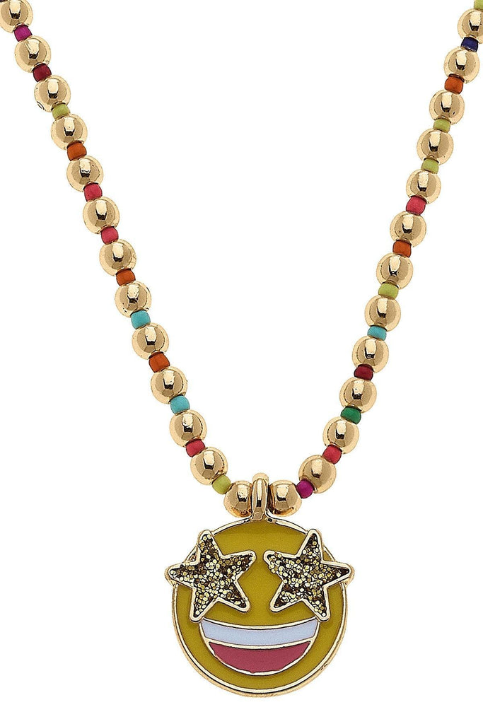 Jane Smiley Face Gold Ball Beaded Children's Necklace in Yellow - Canvas Style