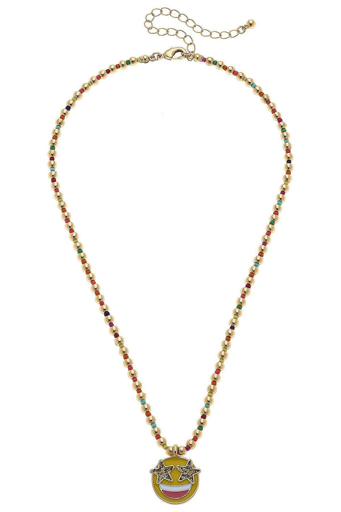 Jane Smiley Face Gold Ball Beaded Children's Necklace in Yellow - Canvas Style