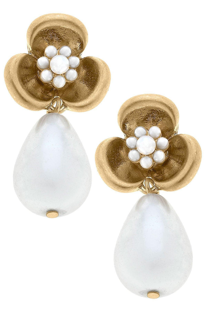 Jeanie Flower with Pearl Drop Earrings in Worn Gold - Canvas Style