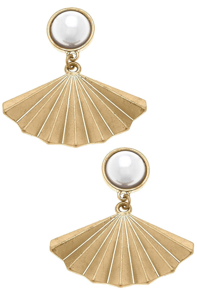 Jemma Pearl-Top Fan Drop Earrings in Worn Gold - Canvas Style