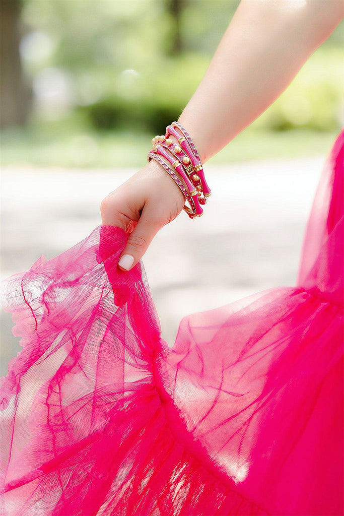 Jenna Chunky Enamel Studded Metal Hinge Bangle in Fuchsia - Canvas Style