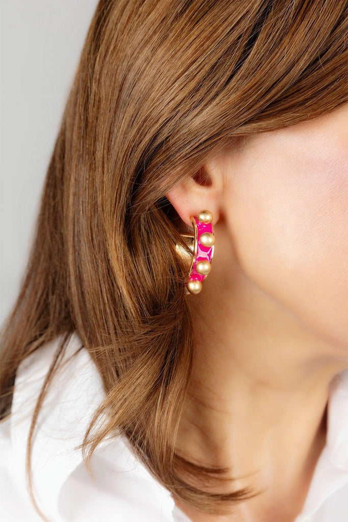 Jenna Chunky Enamel Studded Metal Hoop Earrings in Fuchsia - Canvas Style