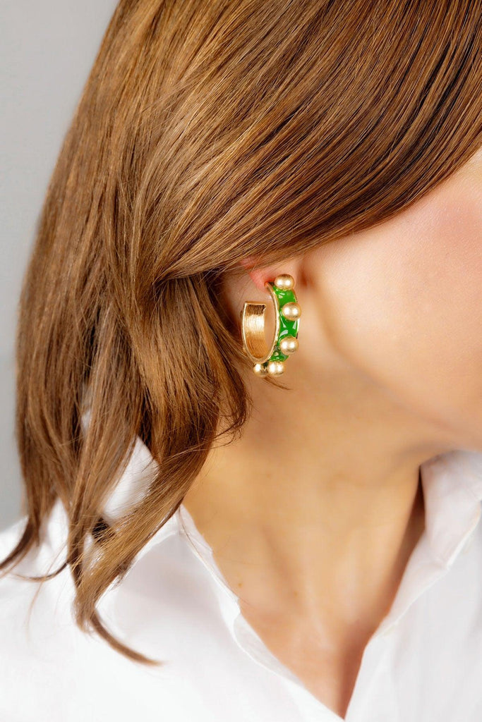 Jenna Chunky Enamel Studded Metal Hoop Earrings in Green - Canvas Style