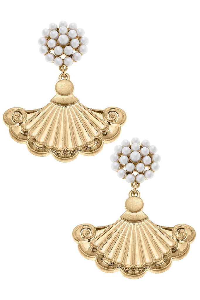 Jolie French Fan & Pearl Cluster Drop Earrings in Worn Gold - Canvas Style