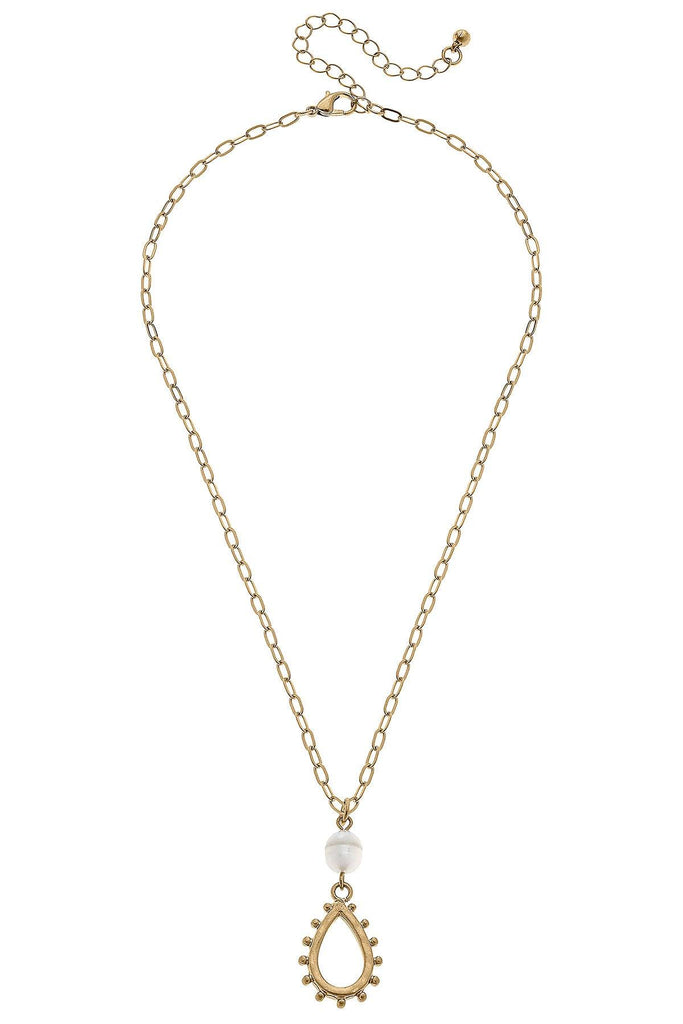 Julie Studded Metal Teardrop Delicate Necklace in Worn Gold - Canvas Style