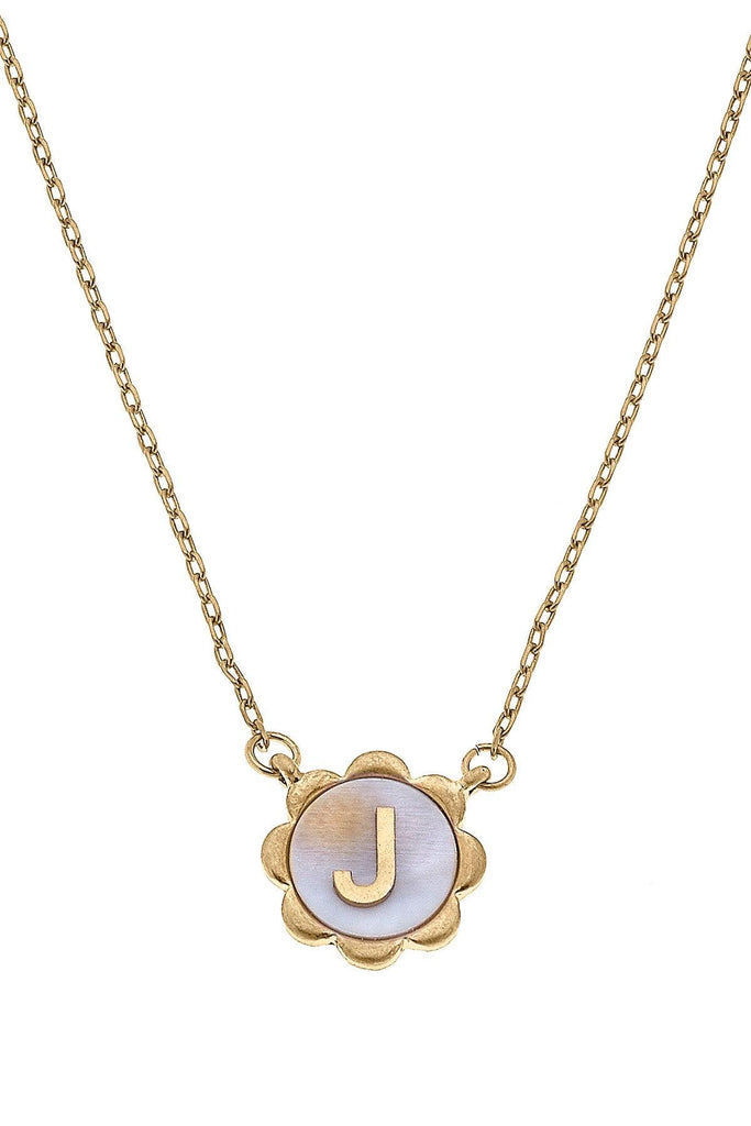 Juliette Mother of Pearl Scalloped Initial Necklace in Worn Gold - Canvas Style