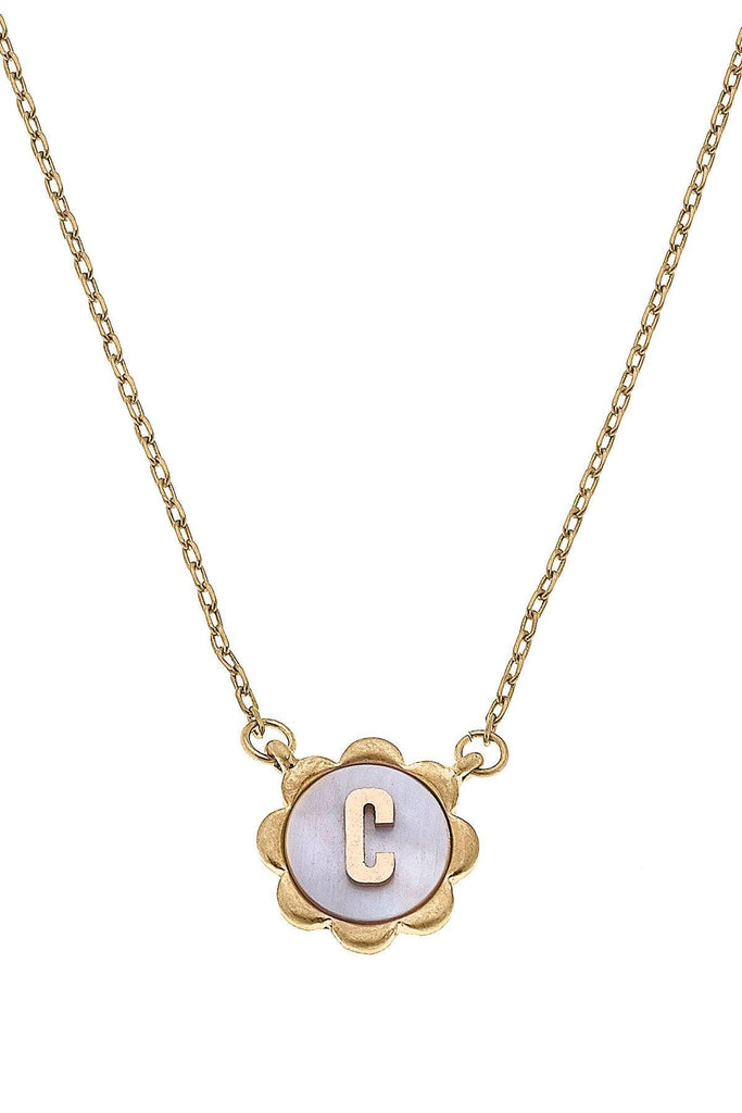Juliette Mother of Pearl Scalloped Initial Necklace in Worn Gold - Canvas Style