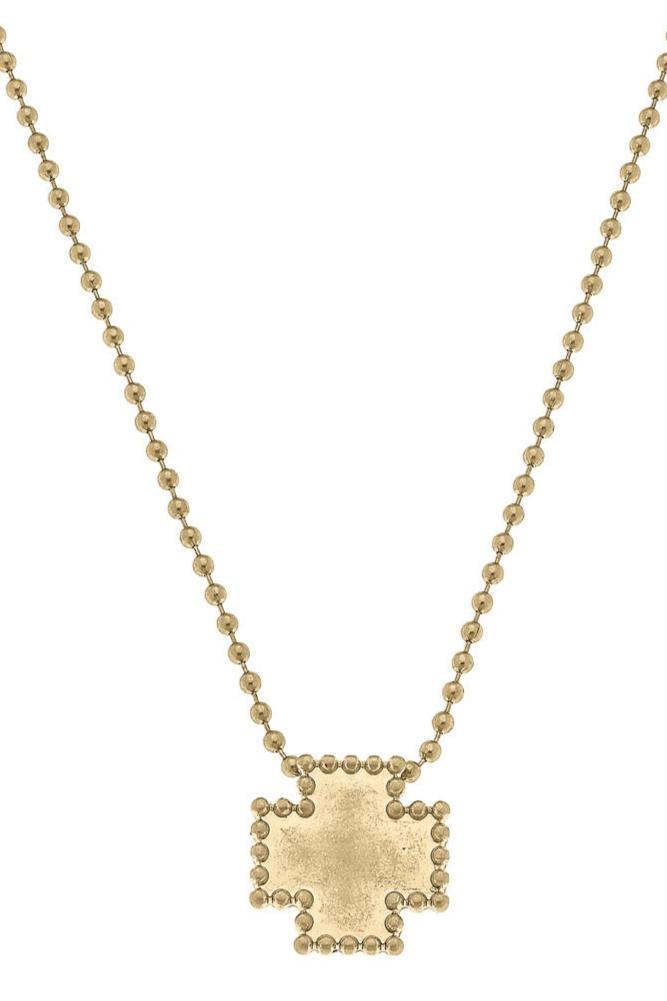 Kaki Ball Bead Beaded Cross Necklace in Worn Gold - Canvas Style