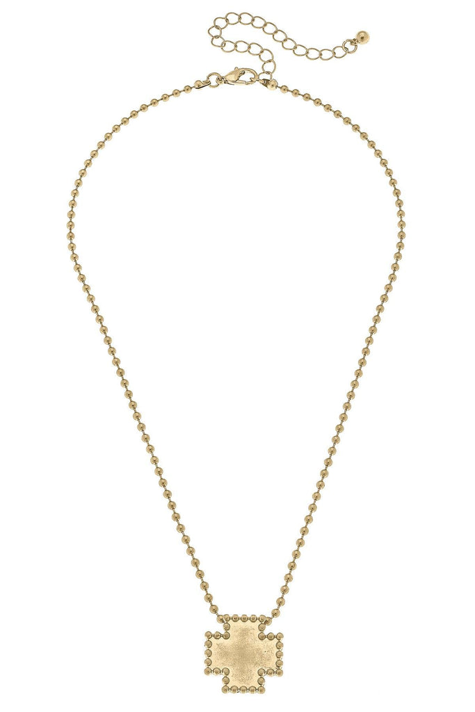 Kaki Ball Bead Beaded Cross Necklace in Worn Gold - Canvas Style