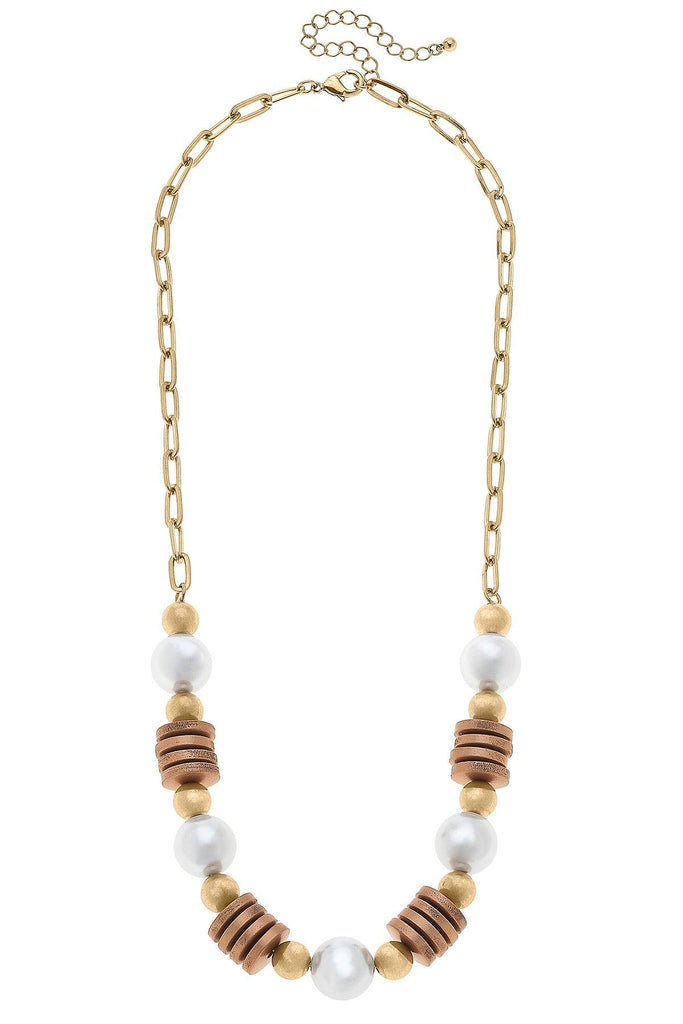 Kalilah Pearl, Wood & Gold Bead Chain Necklace in Worn Gold - Canvas Style