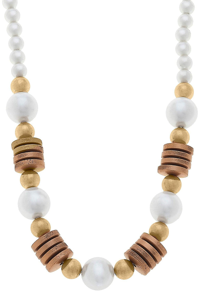 Kalilah Pearl, Wood & Gold Bead Necklace in Ivory - Canvas Style