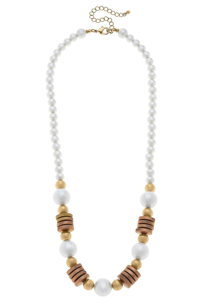 Kalilah Pearl, Wood & Gold Bead Necklace in Ivory - Canvas Style