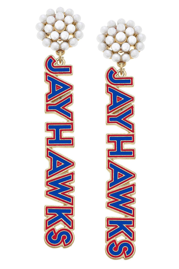 Kansas Jayhawks Pearl Cluster Outline Enamel Earrings in Blue/Red - Canvas Style