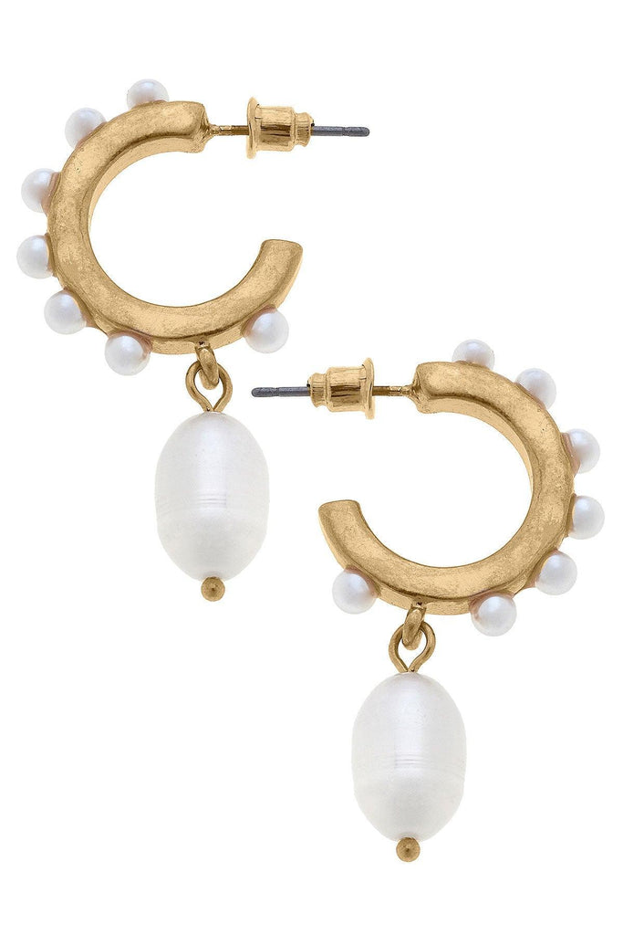 Katelyn Pearl Studded Hoop Drop Earrings in Worn Gold - Canvas Style