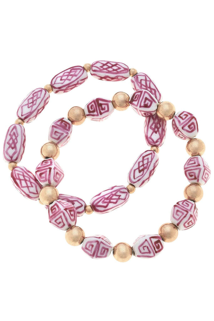 Katherine Chinoiserie & Ball Bead Bracelets in Pink & White (Set of 2) - Canvas Style