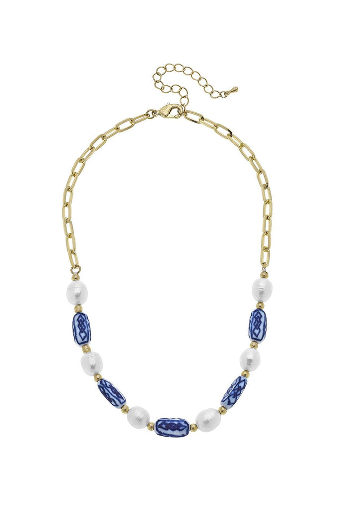 Katherine Chinoiserie & Pearl Necklace in Blue & White - Canvas Style