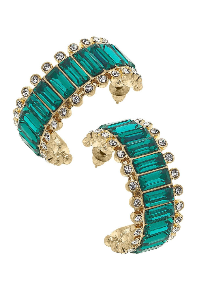 Katherine Rhinestone Baguette Hoop Earrings in Emerald - Canvas Style