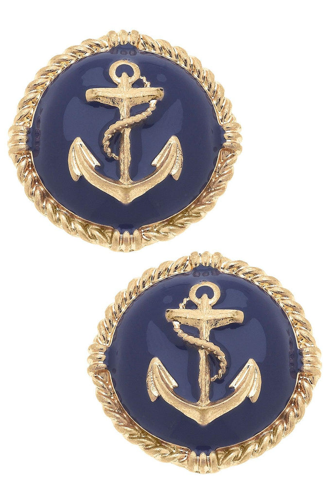 Kathleen Enamel Anchor Statement Stud Earrings in Navy - Canvas Style