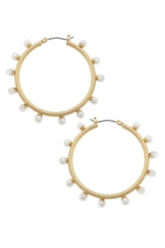 Katie Pearl Studded Statement Hoop Earrings in Ivory & Satin Gold - Canvas Style