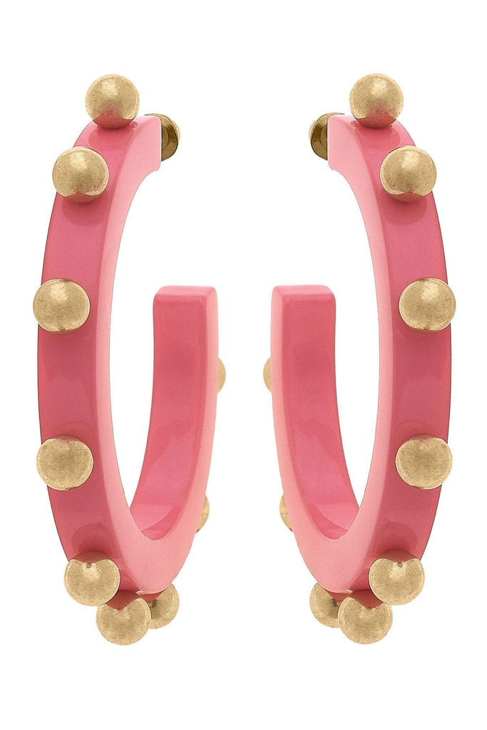 Kelley Studded Metal and Resin Hoop Earrings in Bubble Gum - Canvas Style