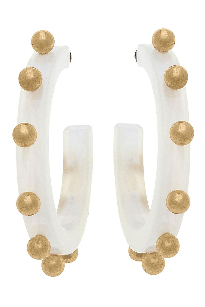 Kelley Studded Metal and Resin Hoop Earrings in White - Canvas Style