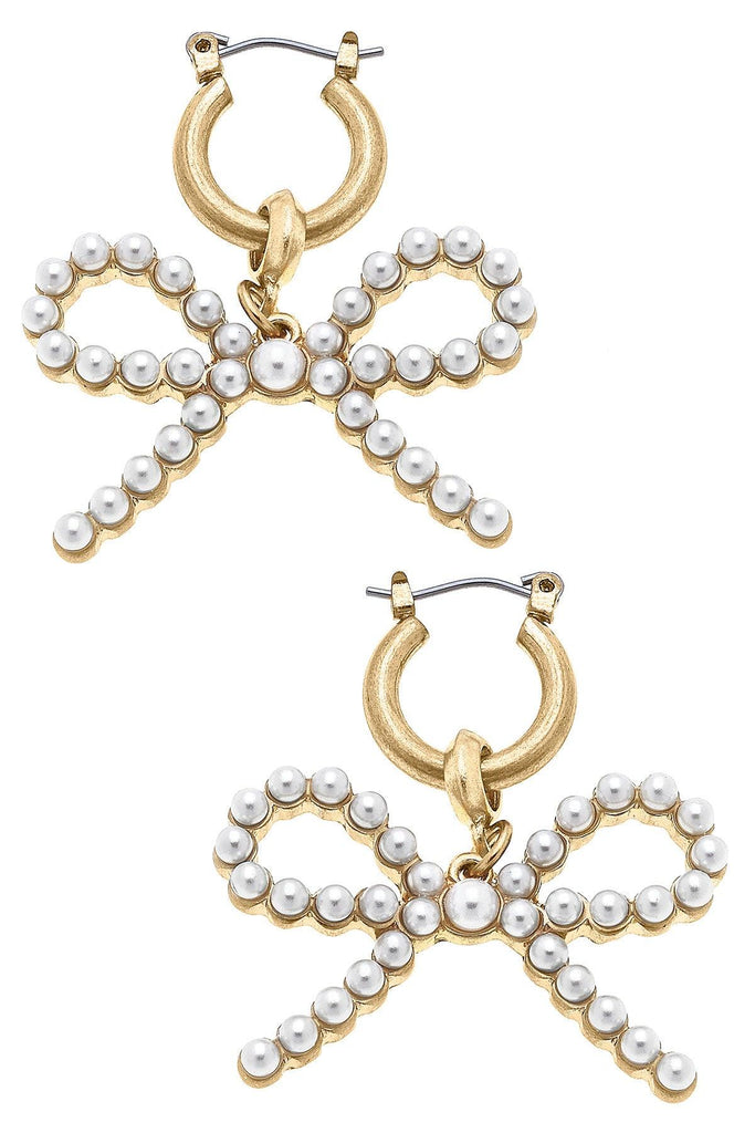 Kellie Pearl-Studded Bow Drop Earrings in Ivory - Canvas Style
