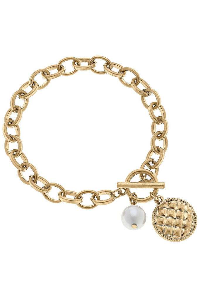 Kira Quilted Metal Charm T-Bar Bracelet in Worn Gold - Canvas Style