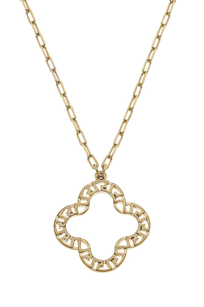 Kristin Greek Keys Clover Pendant Necklace in Worn Gold - Canvas Style