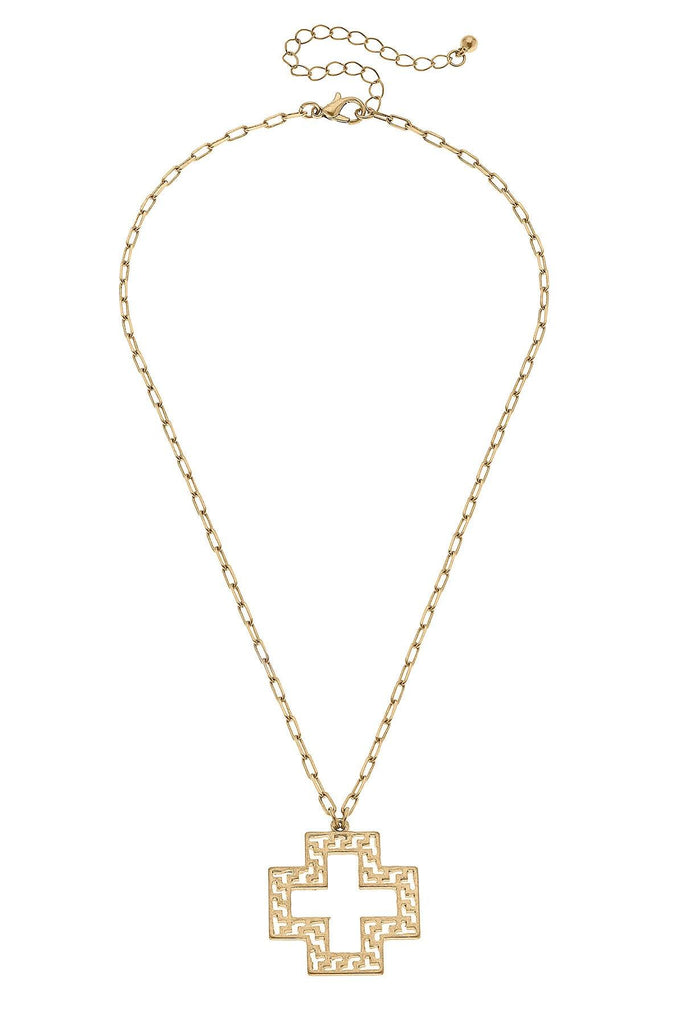 Kristin Greek Keys Cross Pendant Necklace in Worn Gold - Canvas Style