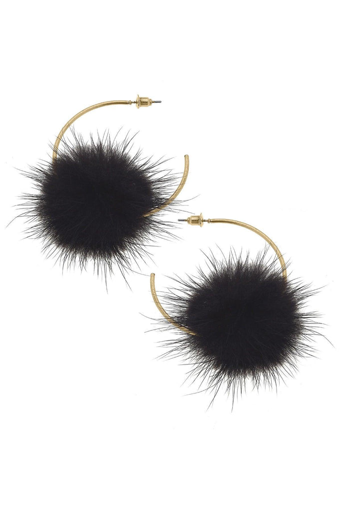 Kyra Faux Mink Pompon Hoop Earrings in Black - Canvas Style