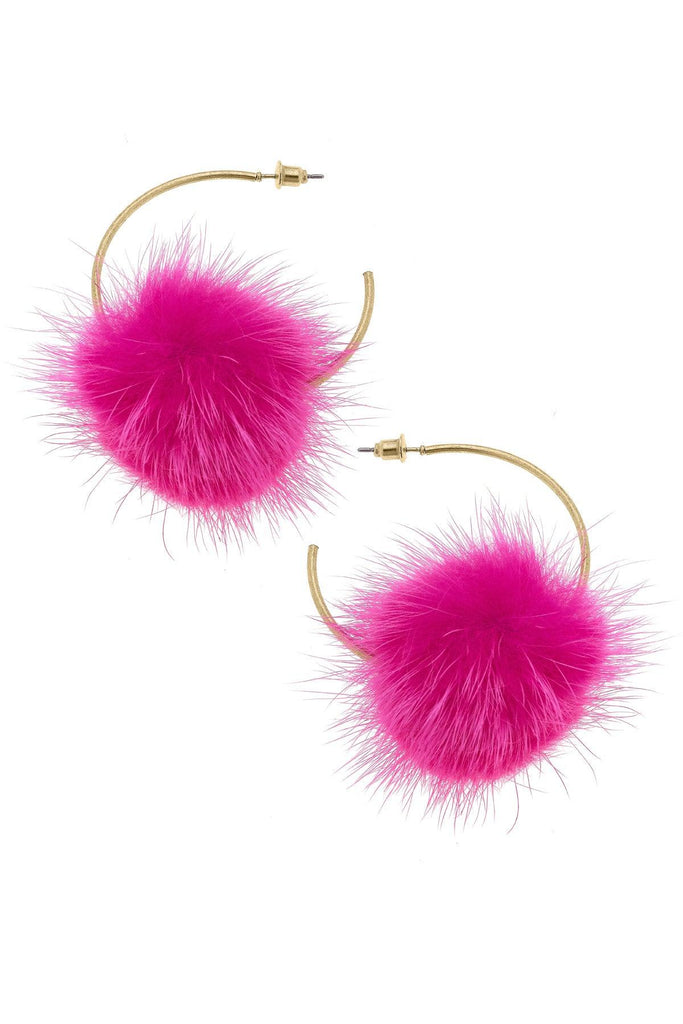 Kyra Faux Mink Pompon Hoop Earrings in Fuchsia - Canvas Style