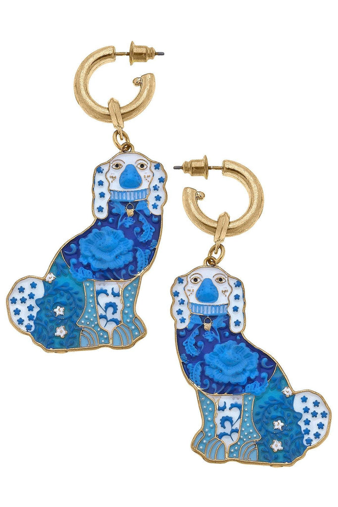 Lacey Enamel Staffordshire Dog Earrings in Blue & White - Canvas Style