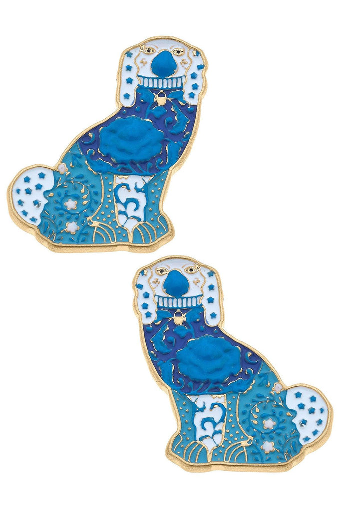 Lacey Enamel Staffordshire Dog Stud Earrings in Blue & White - Canvas Style