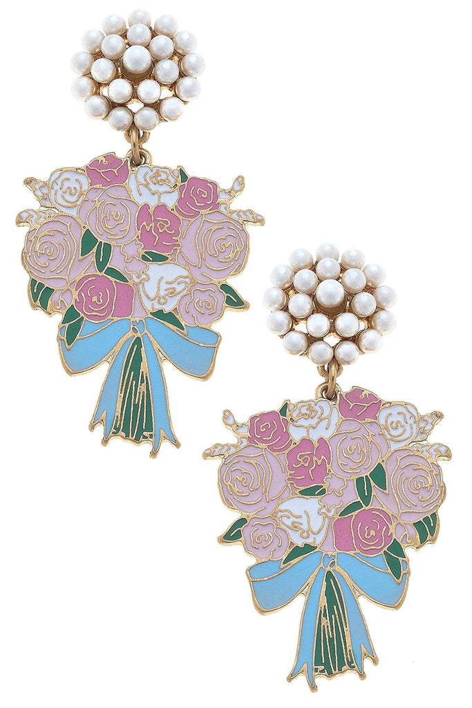 Laney Enamel Bridal Bouquet & Pearl Cluster Earrings in Pink & Blue - Canvas Style