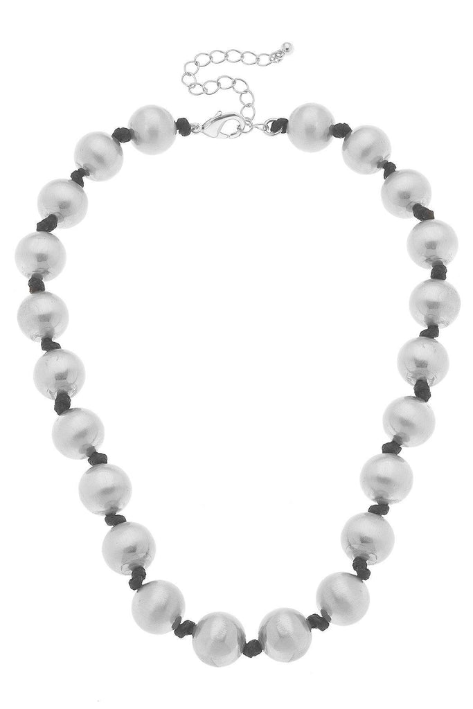 Lanie Ball Bead Knotted Cord Necklace in Satin Silver - Canvas Style