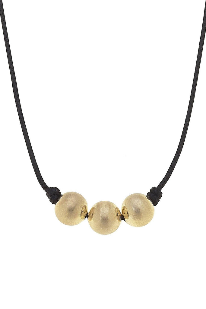 Lanie Three Bead Single Strand Black Cord Necklace in Satin Gold - Canvas Style