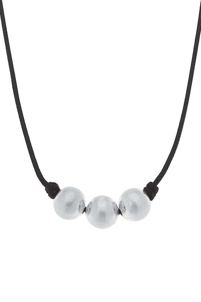 Lanie Three Bead Single Strand Black Cord Necklace in Satin Silver - Canvas Style